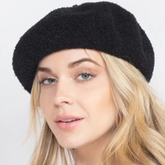 Black Fuzzy fleece Beret Hat WITHMOONS Winter Fuzzy Pom Fleece Y2K Newsboy Hat Suede Brim  main image 2